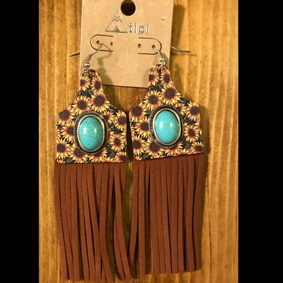 Jewelry - Western Cattle Tag Earrings Fringe Sunflower